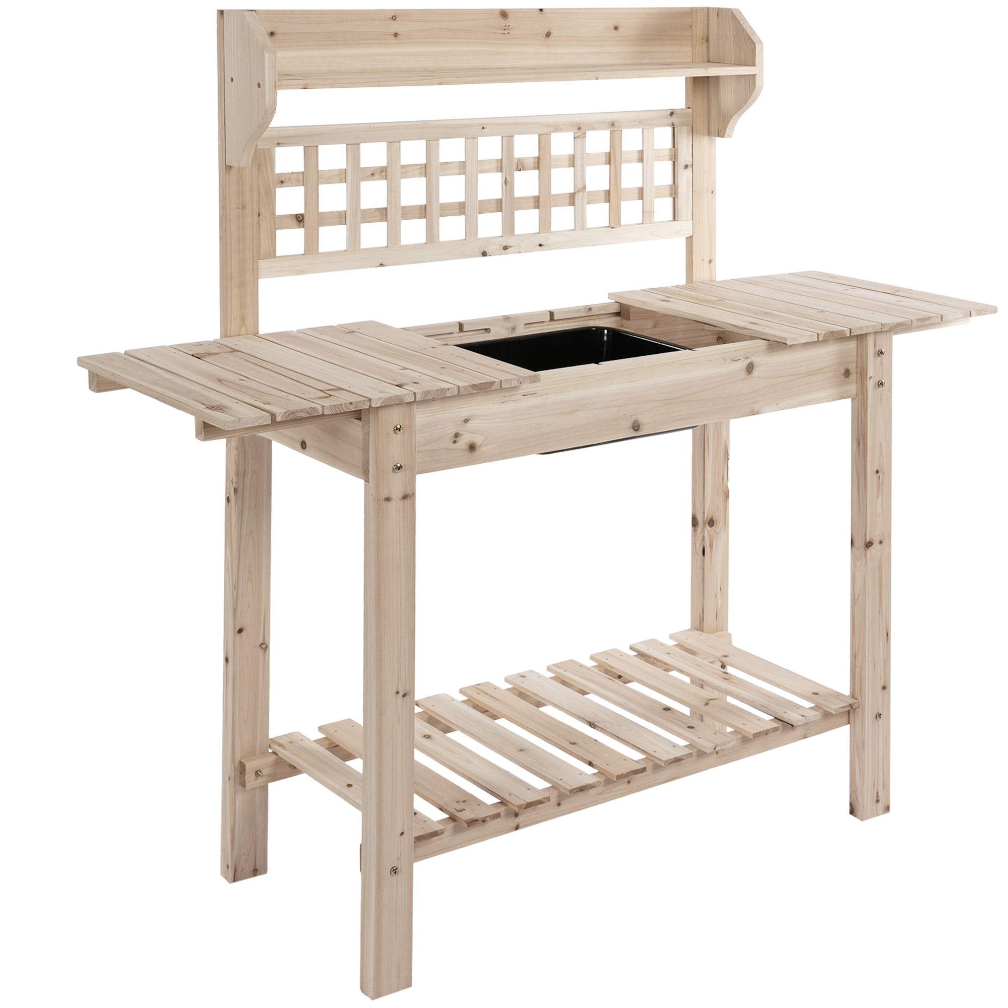 Outsunny Outdoor Potting Bench Table, Wooden Workstation With Sliding Tabletop, Storage Shelf And Dry Sink, For Greenhouse, Gard